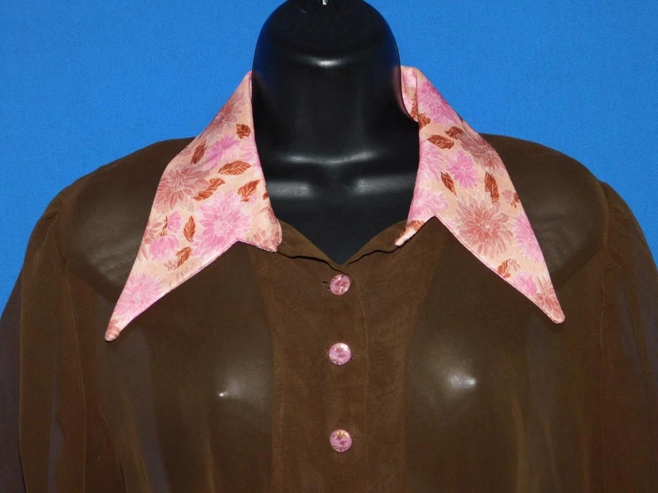 Camisa recortada vintage años 70 S marrón rosa floral malla transparente corbata delantera manga larga Foto 2 de 4