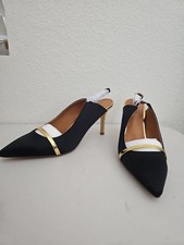 Women's Satin Pointed Toe Slingback Black Pumps with Gold Strap