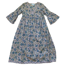The Fox and the Mermaid Floral Hand-Block Print Bell Sleeve Midi Dress Large