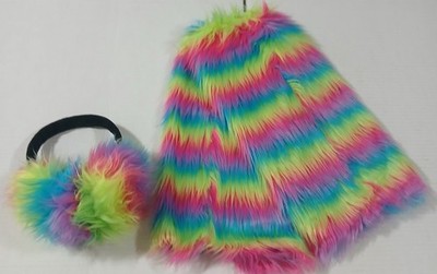 New Pair Of Psychedelic Neon Shaggy Fur Furry Leg Warmers & Ear Muffs Costume 