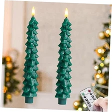 Green Tree Flameless Real Wax Taper Candles with Remote Timer, 0.78" x 9.6"