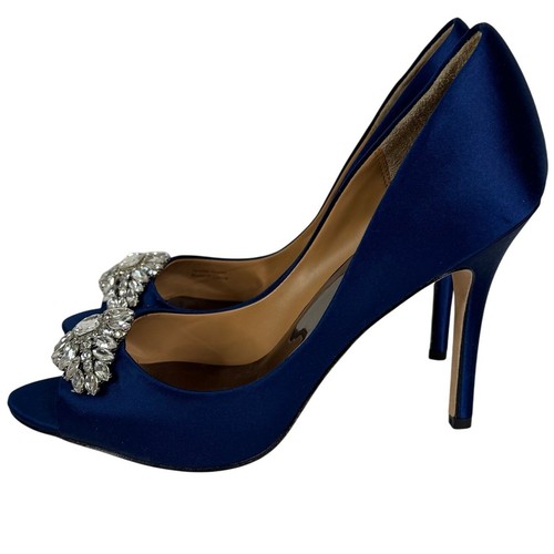 Badgley Mischka Goodie Satin Embellished Peep Toe Heels Navy Size 8.5 - Picture 2 of 12