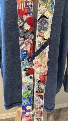 One of a Kind Sweatshirt Jacket Size 2X. Denim Blend with unique handmade trim.