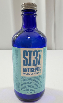 VINTAGE COBALT BLUE S.T. 37 ANTISEPTIC SOLUTION BOTTLE W ORIGINAL PAPER LABEL 7 