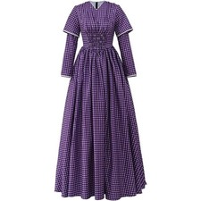 Victorian Pioneer Dress Women Purple Plaid Long Sleeve Vintage Tea Party Gown