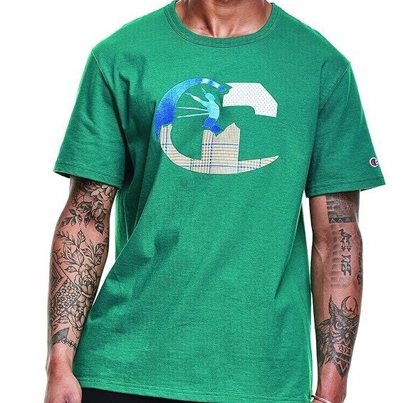 Vintage Champions Heritage L Green Graphic T-Shirt Men Tee Ripped Single Stitch