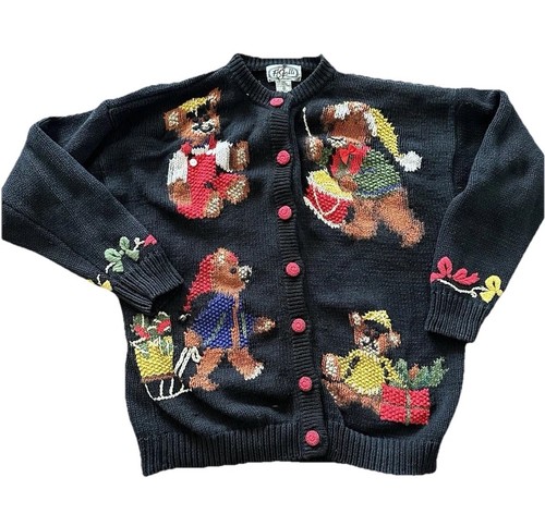 Vtg P Galli Designs Embroidered Christmas Teddy Bears Sweater Cardigan Med Black
