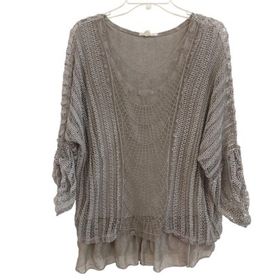 Belle France Taupe Crochet Embroidered Ruffle Hem Boho layered Blouse Italy S