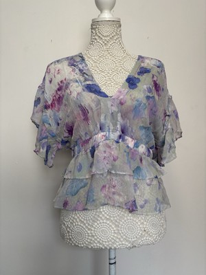The Kooples Rüschen Schößchen Bluse S Aquarell Blumenmuster Chiffon Krepp Flieder