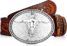 Western Belt for Men Longhorn Cowboy Leather Buckle Belt Floral Engraved