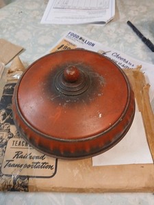 Red Round Vintage Sewing Metal Tin Knob Lidded Box Midcentury Notions Storage