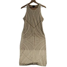 Beige Sleeveless Midi Dress Geometric Pattern Casual Party Cocktail