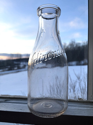 Vtg ADIRONDACK Dairy Farm MILK BOTTLE GLENNS FALLS NY Warren County TREQ Embossd