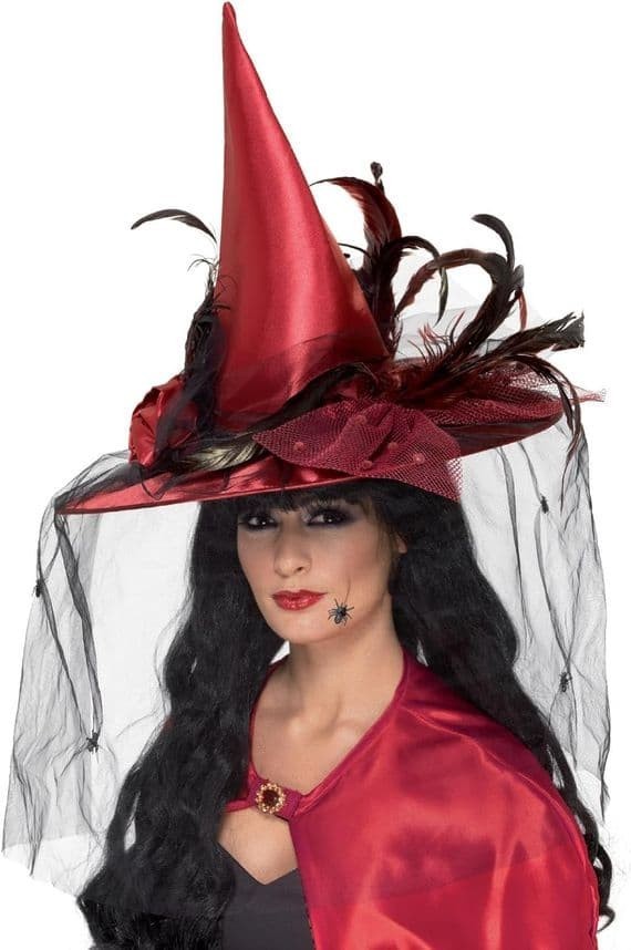 Deluxe Red Witch Hat Feather Veil Satin Halloween Fancy Dress Adult