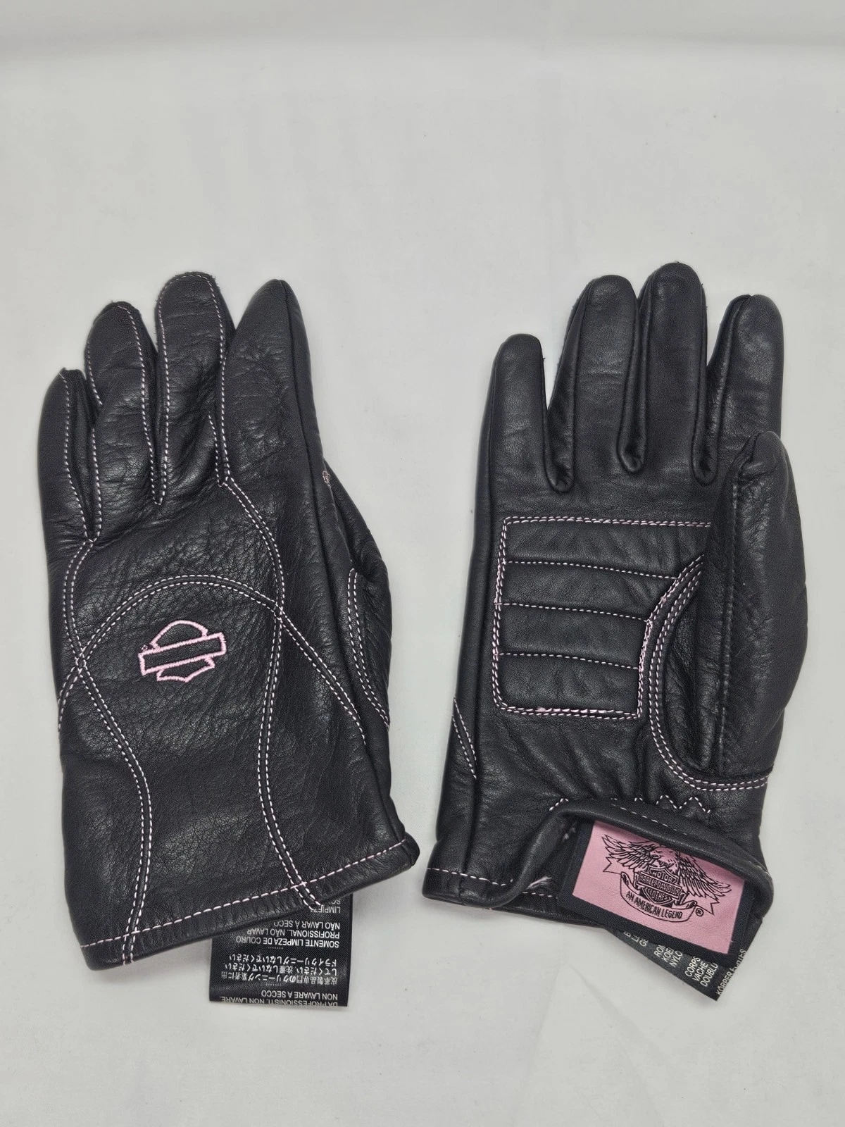 Ladies Harley Davidson Embroidered Black/Pink Genuine Leather Gloves | M