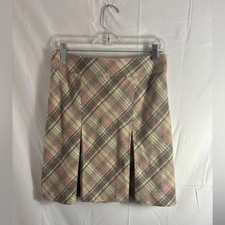 VTG Wool Blend Pleated Plaid Preppy Cream Pink Knee Length Skirt Size S