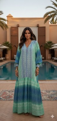 NWT Hale Bob ''Leta'' Green Blue Caftan Maxi Dress S Boho Resort Cruise Beach