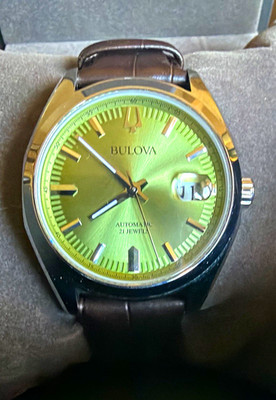 Bulova Surveyor Automatic 21J Green Sunburst Dial Date Sapphire Leather Strap
