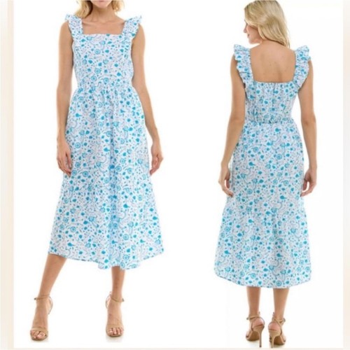 Draper James Flutter Strap Smocked Midi Dress White Blue Floral Size Large