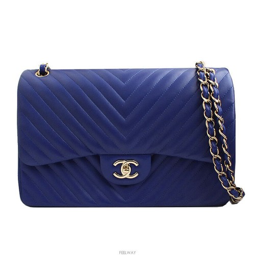 CHANEL Royal Blue Lamb Chevron Double Flap Shoulder Bag 24 Series 144939363