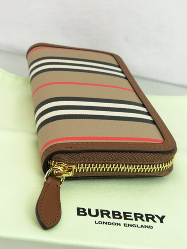 BURBERRY ELLERBY TAN LEATHER ICON STRIPE CANVAS ZIP AROUND CONTINENTAL WALLET - Picture 9 of 13