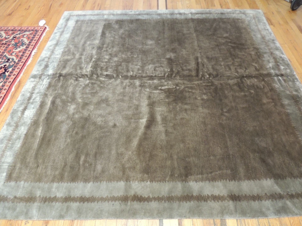 7x7  Square Tibetan Oriental Area Rug wool Green Beige/Taupe SILK - Image 3 of 4