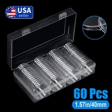 60Pcs 40mm 1.57in Clear Coin Capsules Storage Box Holder + Case Coins Container