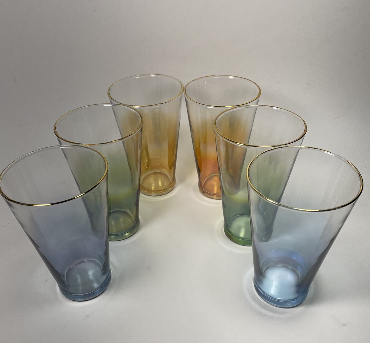 Vintage 6 colored drinking glasses gold rim MCM ombre fade ArcadeModUp