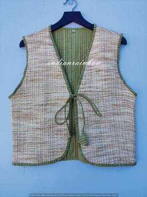 Indian Handmade Khadi Cotton Reversible Drawstring Vest Short Waistcoat Jacket