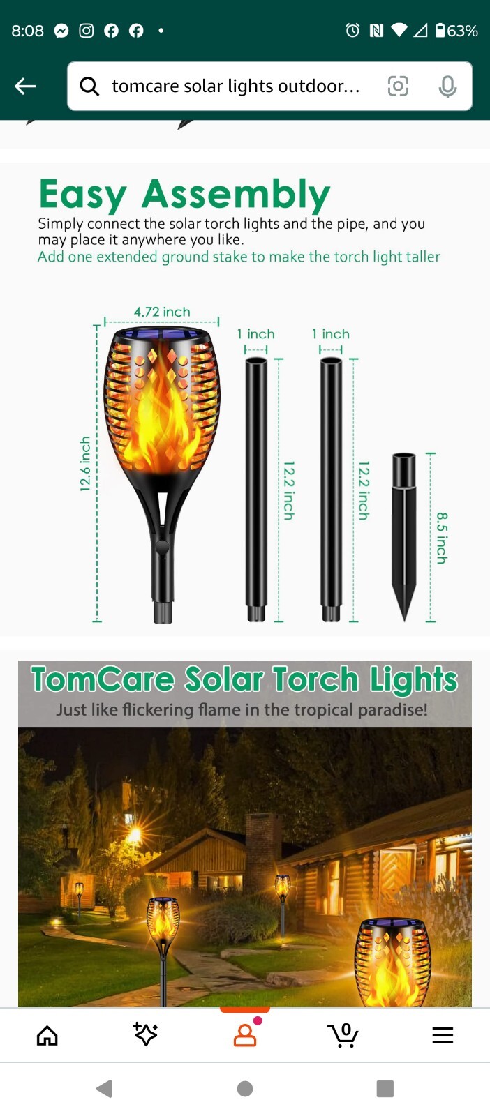 Tomcare Solar Lights Upgraded, 43″ Waterproof Flickering Flames 96 LED