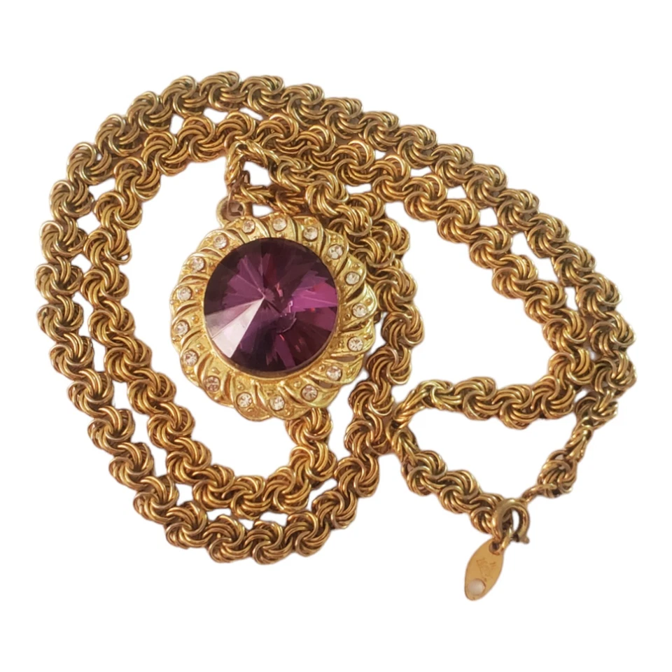 Collar Trifari Vintage Tono Dorado Eslabón Espiral Con Vibrante Cúpula Cristal Colgante Foto 3 de 4