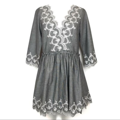 New Nick & Mo Gray Floral Cotton Embroidered Scalloped Mini Short Dress Sz  M | eBay