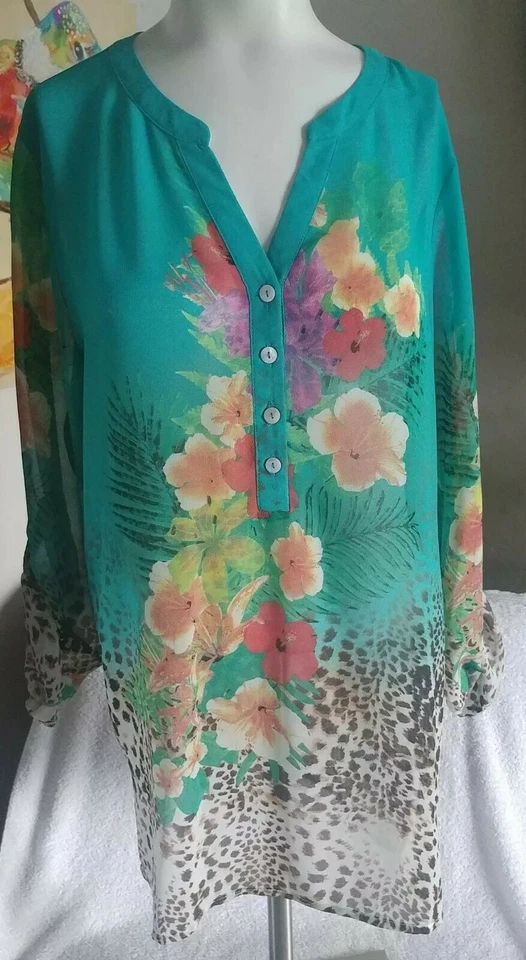 Soft Surroundings Womens Semi Sheer Tab Sleeve Floral Leopard Blouse Sz M
