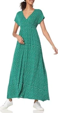 Essentials Women's V-Neck Waisted Maxi Dress, Green Leaf Print, XS