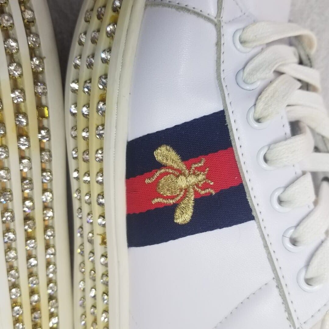 GUCCI Calfskin Crystal Web Bee Embroidered - Womens Ace GUCCI Calfskin Crystal Web Bee Embroidered - Womens Ace