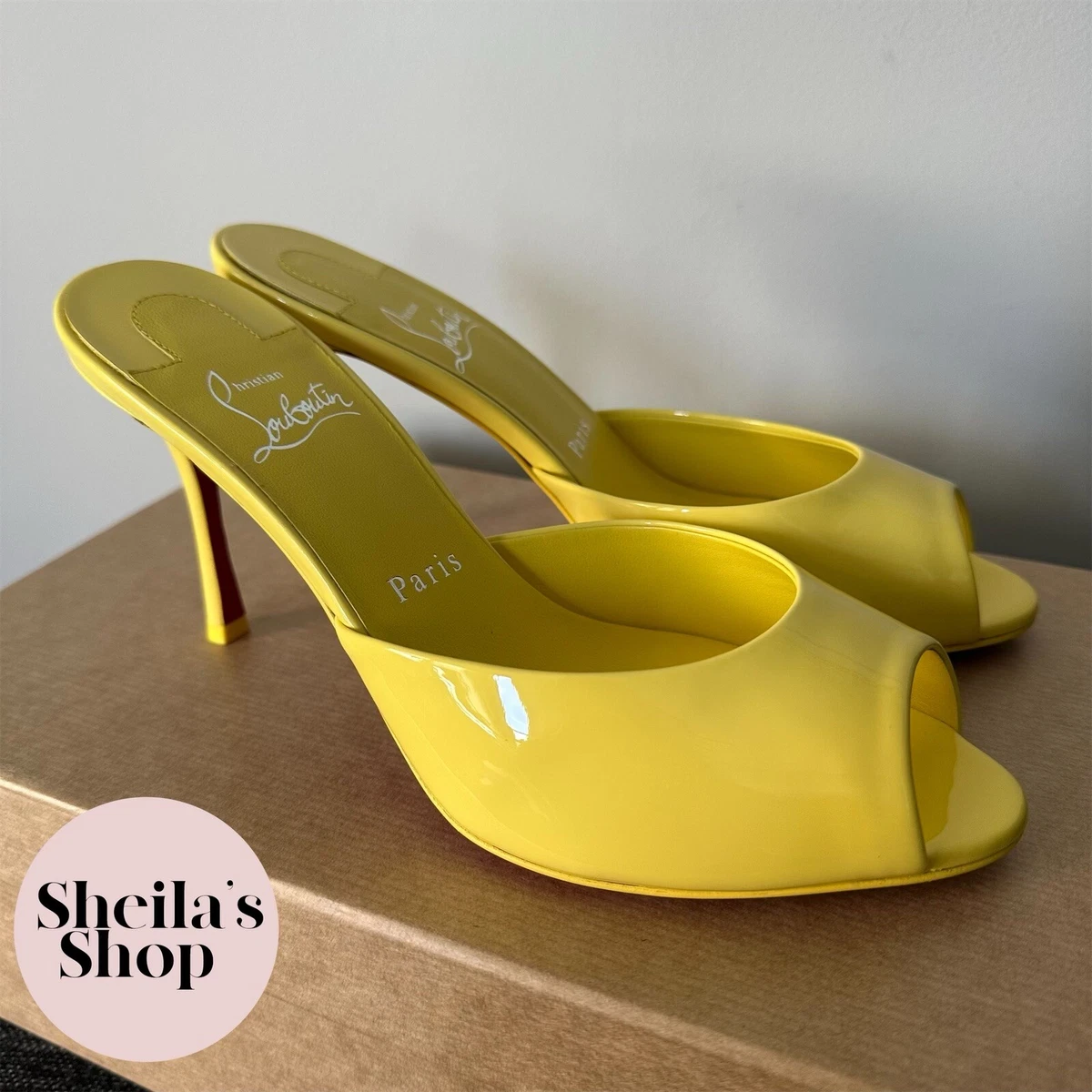 NIB Christian Louboutin Me Dolly 85 Yellow Leather Mule Sandals Size 38.5