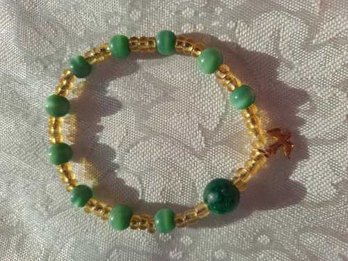 Handmade Catholic Rosary Stretch Bracelet, Dove Jade,green Cats Eye Gold Tone