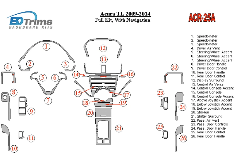 Kit de molduras de tablero BDTrims para Acura TL 2009-2014 - Kit completo Foto 2 de 4