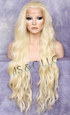 Long HEAT OK Human Hair Blend Full Lace Front WiG PALE BLONDE wavy WEAJ 613