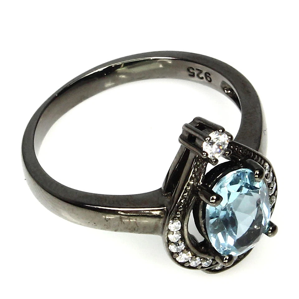 925 Anello Argento Sterling Ovale Topazio Blu Naturale Gemma Gioielli Misura 7 - Immagine 3 di 4