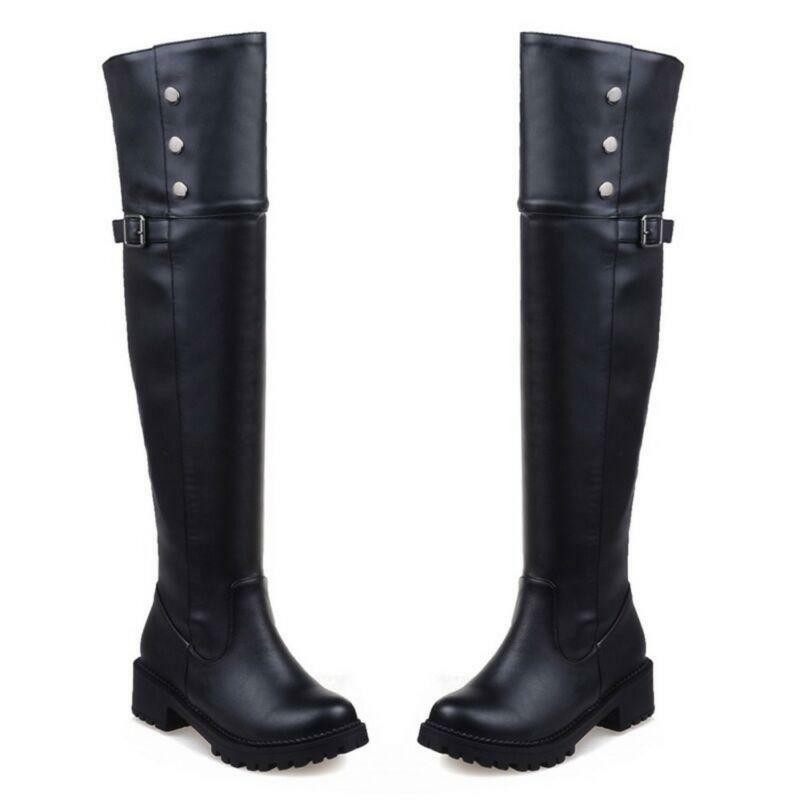 Women's Plush Antiskid Warm Winter Over The Knee High Thigh PU Leather Zip Boots