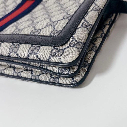 GUCCI GG Monogram Navy Grey Shelly Stripe Shoulder Bag Women PVC Leather Auth - Picture 8 of 24