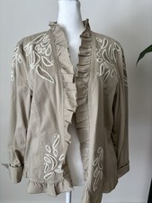 Chico's Blazer Jacket Womens Size 2 US Large Tan Ruffle Trim Embroidered Paisley