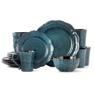 Lavish Blue Stoneware Dinnerware Set 16 Piece W/ Stackable & Chip Resistant