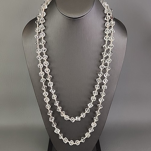 Vintage Glass Beaded Necklace Clear Square Knotted 57" - 第 4/15 張圖片