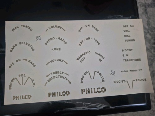 Philco Radio Control Knob Function Decals Waterslide Sheets Antique Restoration