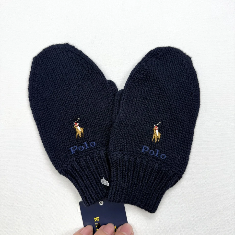 New POLO Ralph Lauren Kids Mittens 2T-4T Navy Blue Knit 100% Cotton - Image 2 of 4