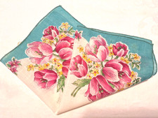 Pretty Vintage Purple Tulip Floral Corners Teal Edged Hankie Handkerchief