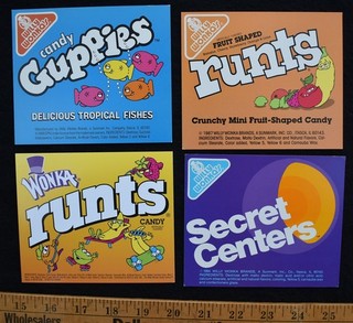 [ 1987 WILLY WONKA Candy 4 Vintage Vending Machine Cards: Runts Guppies etc. ]