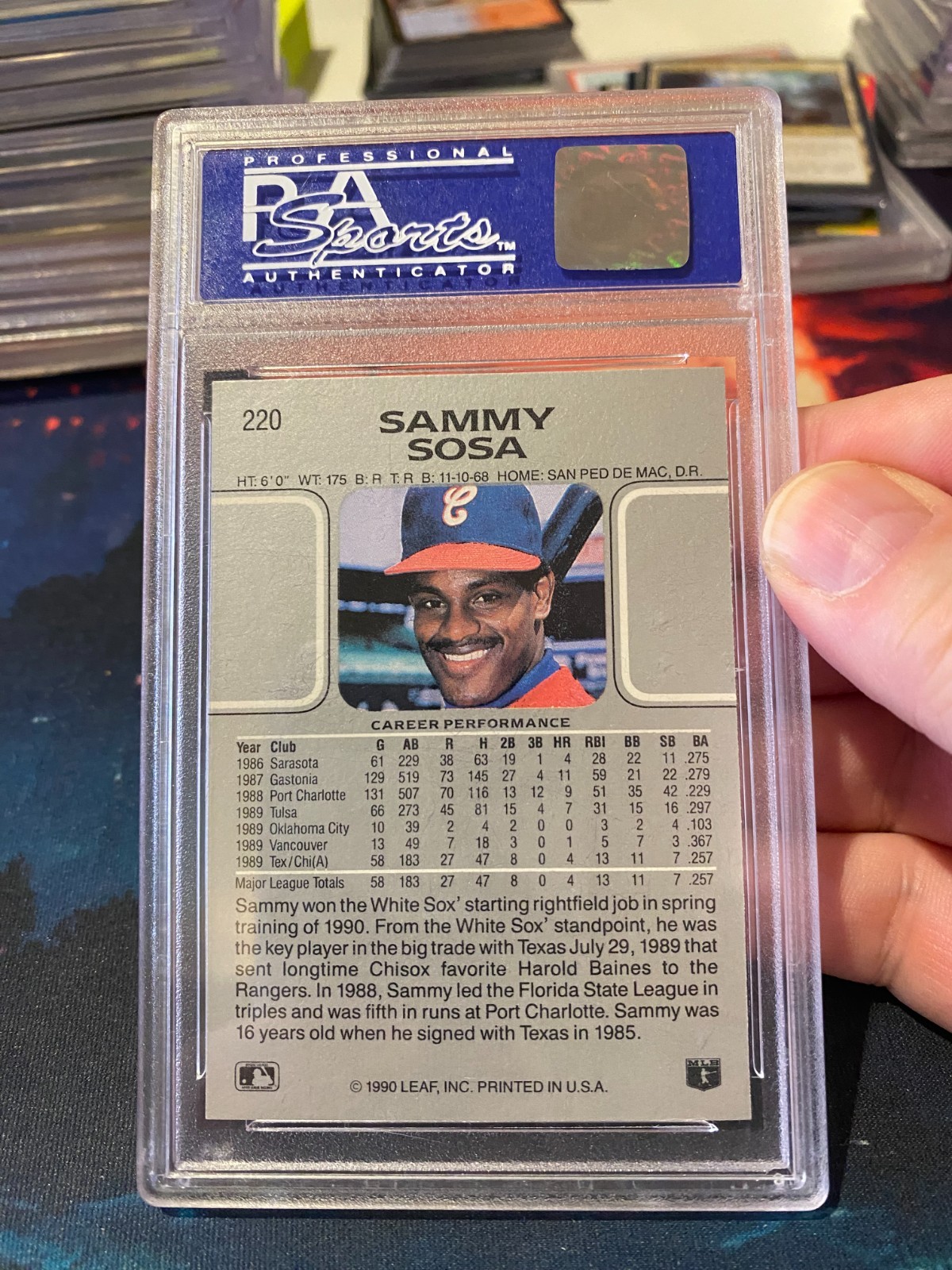 1990 Leaf Sammy Sosa PSA 10 Rookie Card view 2